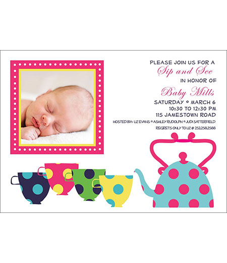 Sip and See Tea Cups Baby Shower Printable Invitation - White